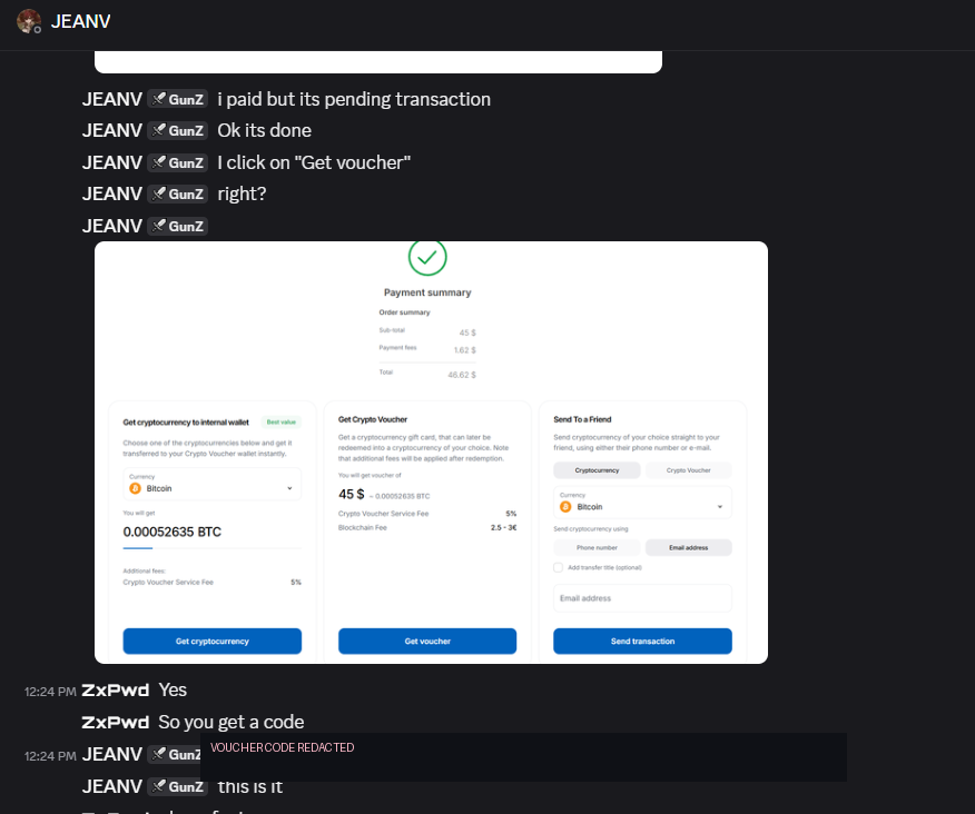 Transaction screenshot with voucher code redacted